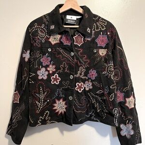 Yak Magik Vtg Jacket Black Floral Embellished Silk Patchwork 100% Cotton Large